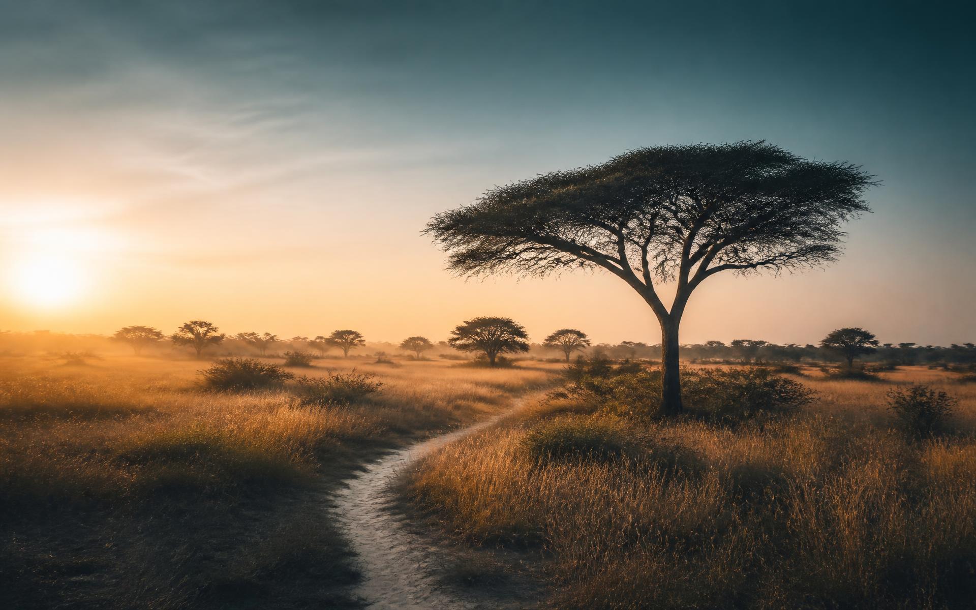 Acacia tree beside a footpath on the Botswana savanna at sunrise